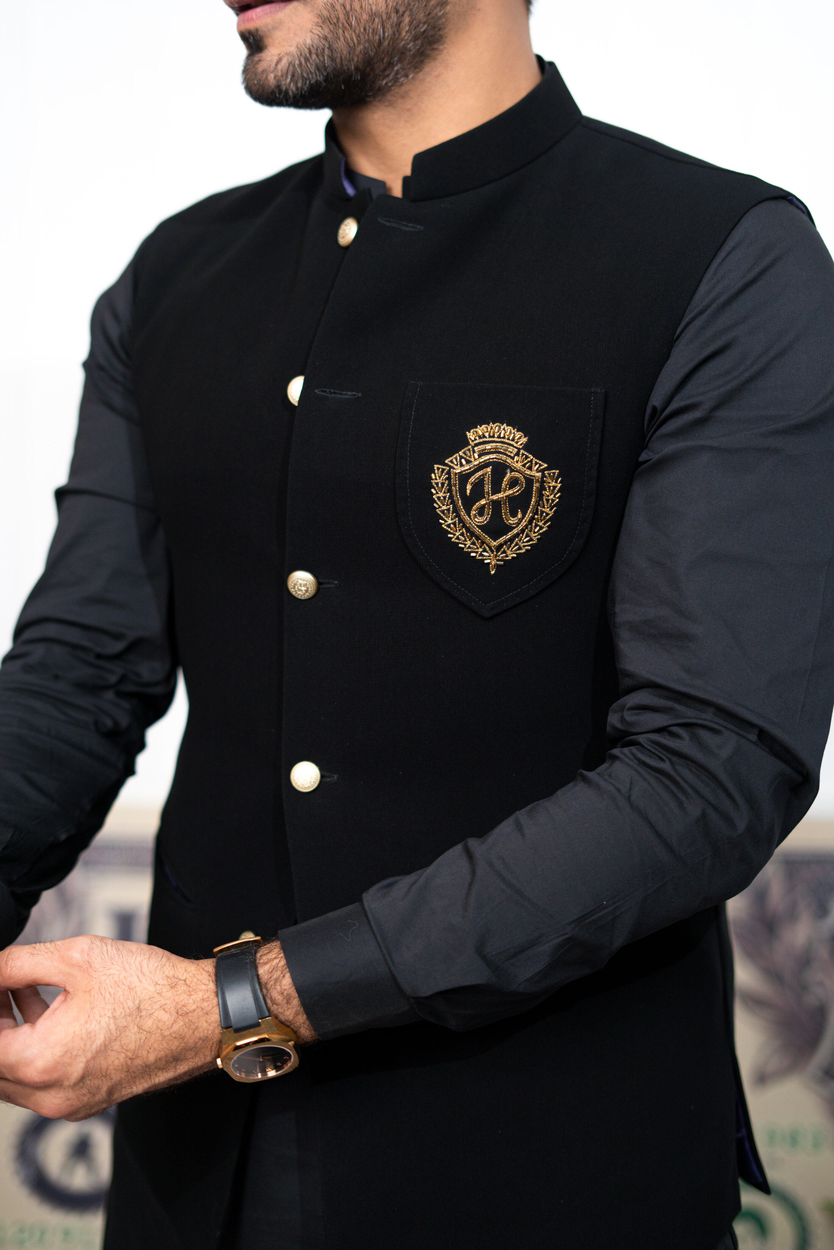 Black Embroidered Armani Waistcoat Kurta (3-Piece) - Image 3