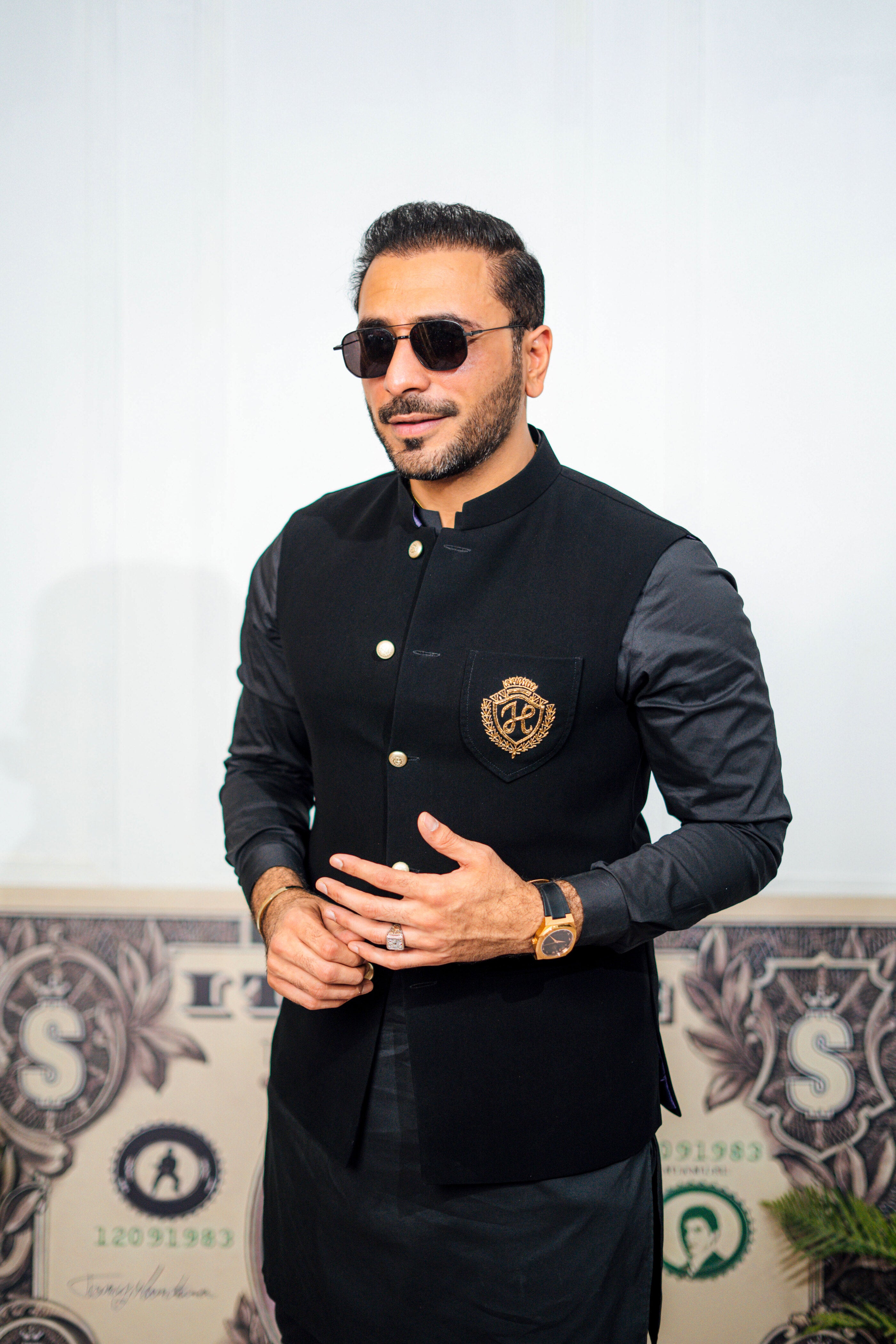Black Embroidered Armani Waistcoat Kurta (3-Piece) - Image 4