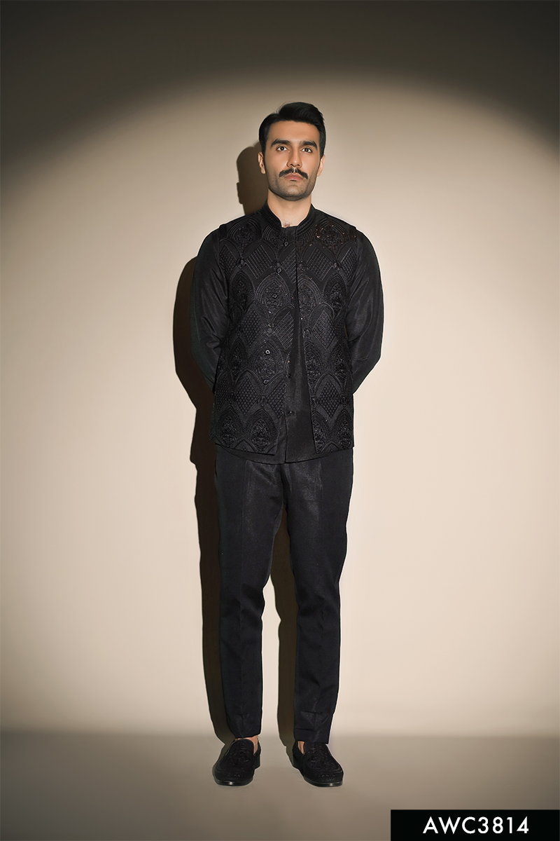 Black Hand-Embellished Brocade Awami Waistcoat (3-Piece) - Image 1