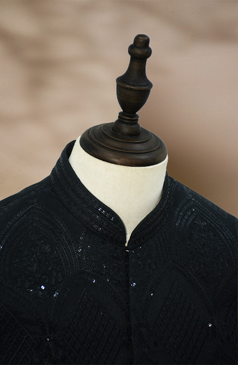 Black Hand-Embellished Brocade Awami Waistcoat (3-Piece) - Image 11