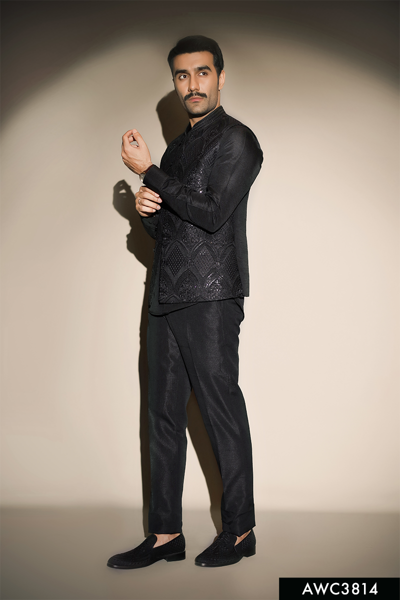 Black Hand-Embellished Brocade Awami Waistcoat (3-Piece) - Image 3