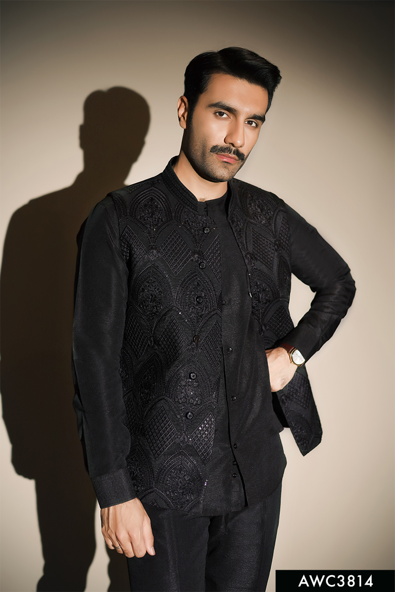Black Hand-Embellished Brocade Awami Waistcoat (3-Piece) - Image 4