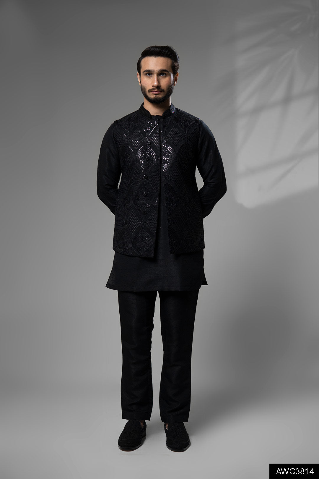 Black Hand-Embellished Brocade Awami Waistcoat (3-Piece) - Image 5