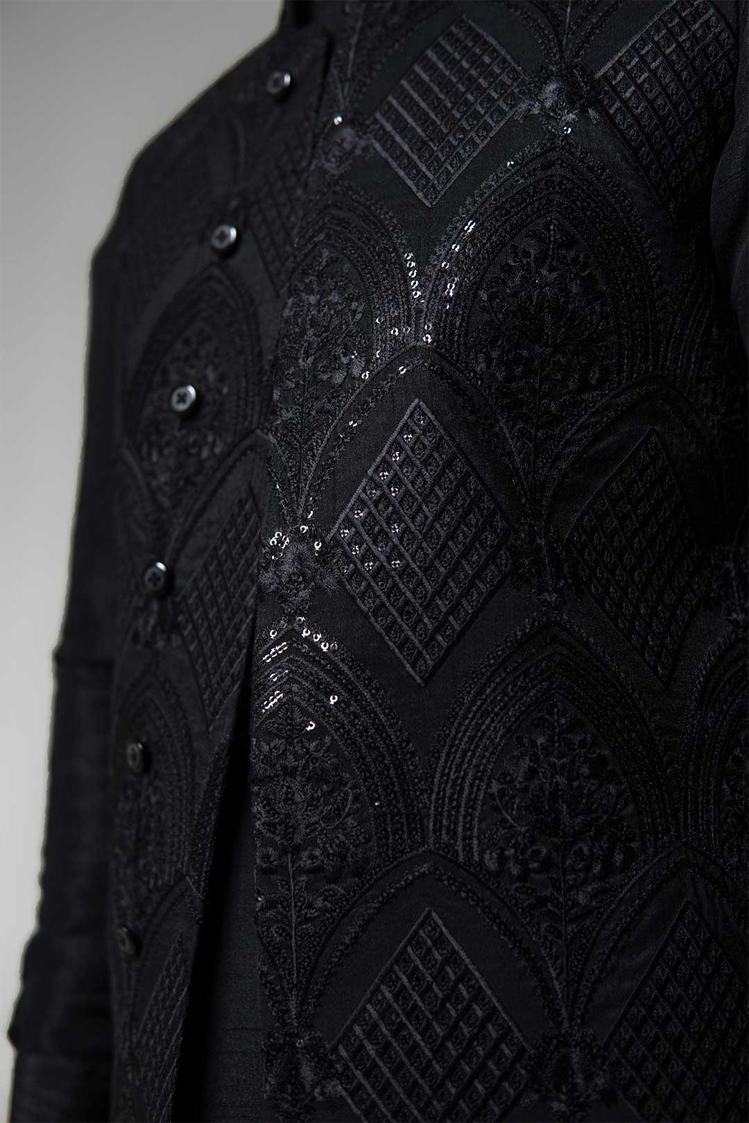 Black Hand-Embellished Brocade Awami Waistcoat (3-Piece) - Image 7