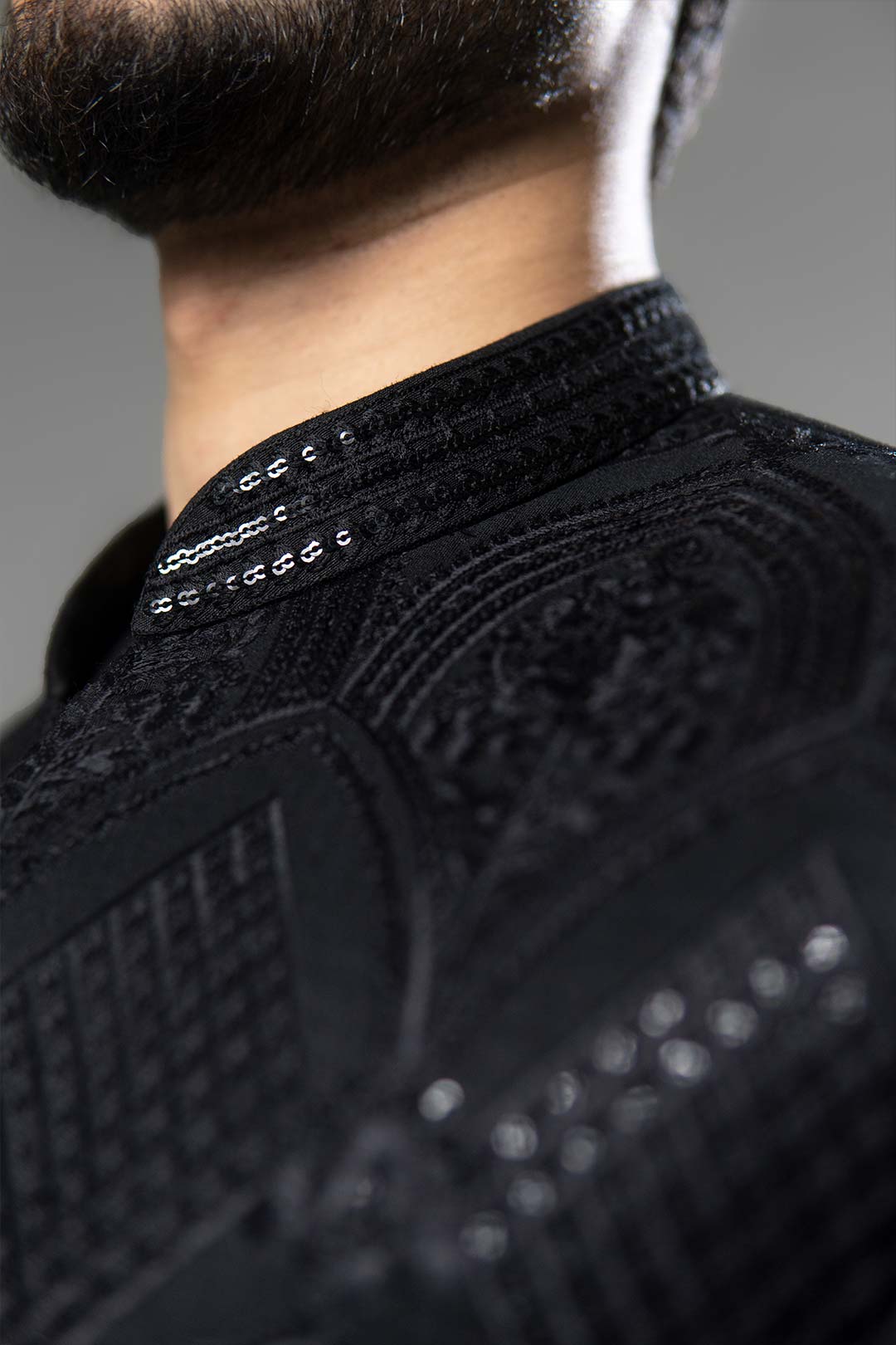 Black Hand-Embellished Brocade Awami Waistcoat (3-Piece) - Image 8