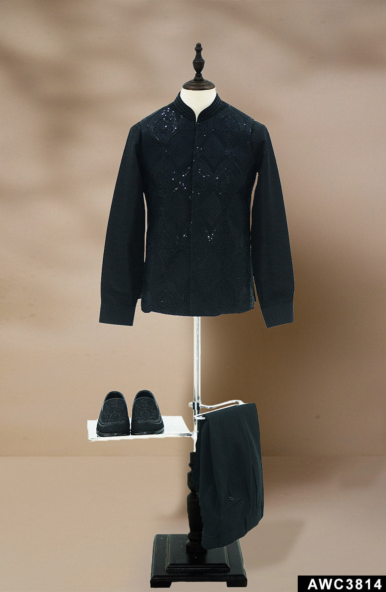 Black Hand-Embellished Brocade Awami Waistcoat (3-Piece) - Image 9