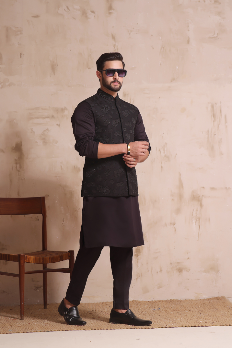 Black Hand-Embroidered Brocia Waistcoat Kurta (3-Piece) - Image 1