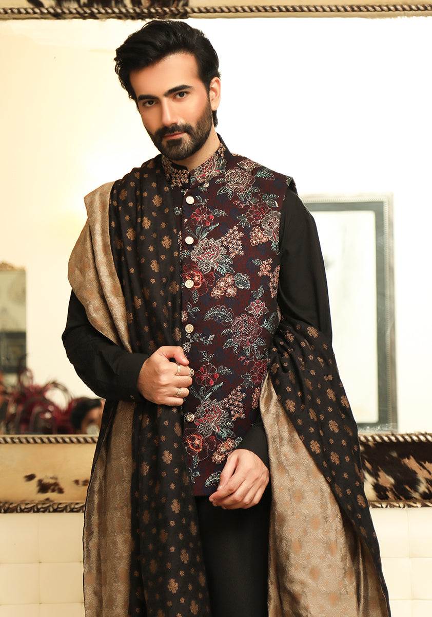 Black Embroidered Chiffon Waistcoat Kurta (3-Piece) - Image 1