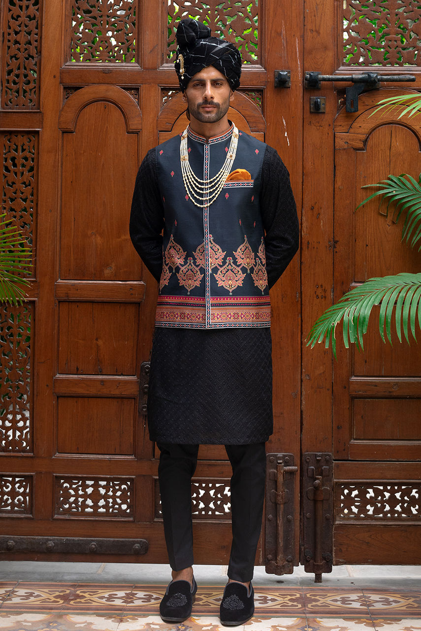 Black Chikan Embroidered Kurta Pajama with Waistcoat (3-Piece) - Image 1