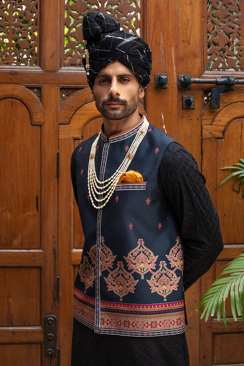 Black Chikan Embroidered Kurta Pajama with Waistcoat (3-Piece) - Image 2