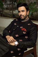 Black Embroidered Suiting Fabric Waistcoat Kurta (3-Piece) - Image 3