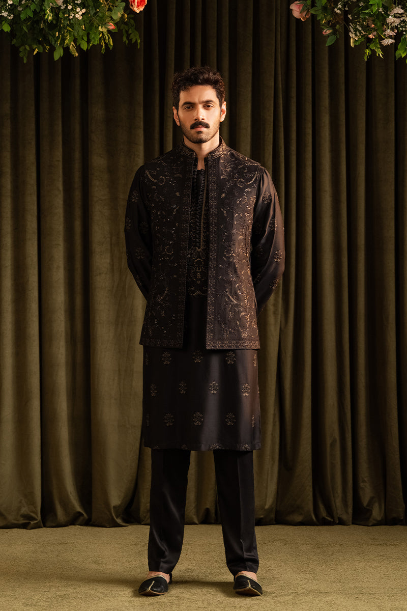 Black Embroidered Cotton Silk Waistcoat Kurta (3-Piece) - Image 4