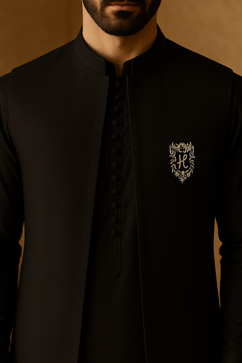 Black Golden Embroidered Cotton Silk Waistcoat Kurta (3-Piece) - Image 3