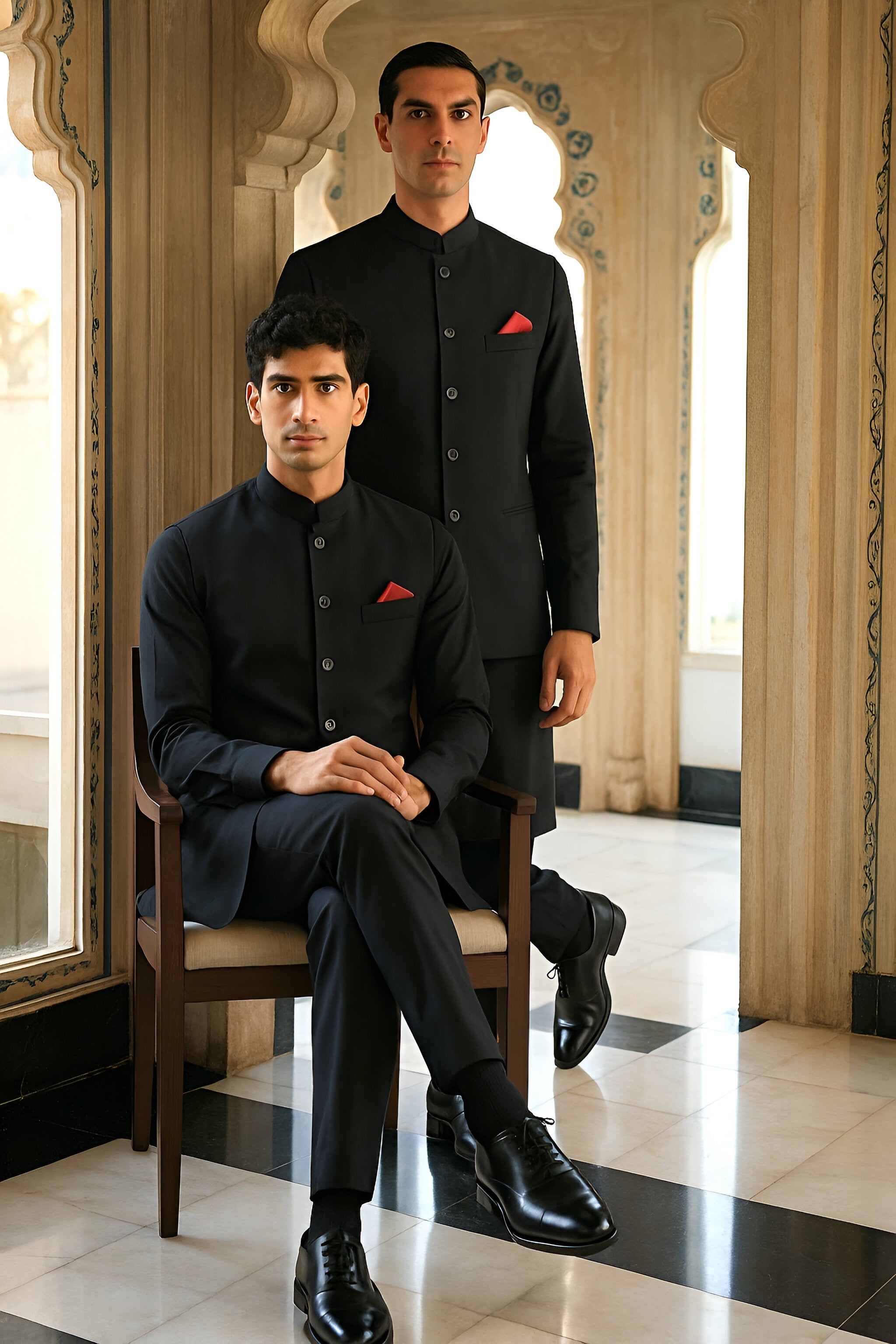 Black Cotton Silk Waistcoat Kurta Set (3-Piece) - Image 2