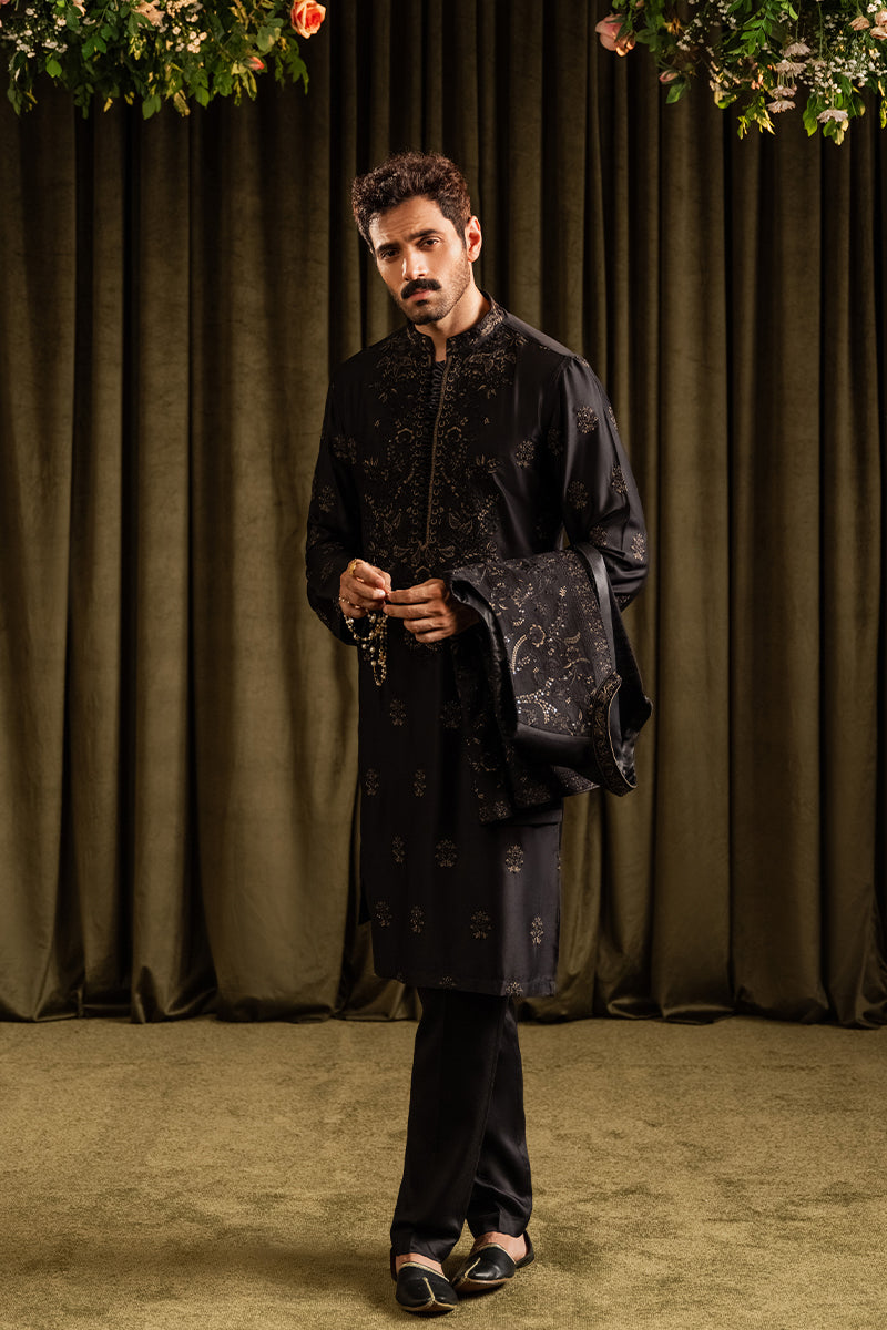 Black Sequin Embroidered Cotton Silk Waistcoat Kurta (3-Piece) - Image 1