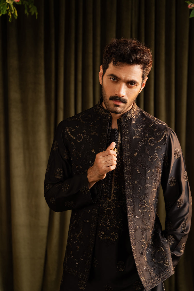 Black Sequin Embroidered Cotton Silk Waistcoat Kurta (3-Piece) - Image 2