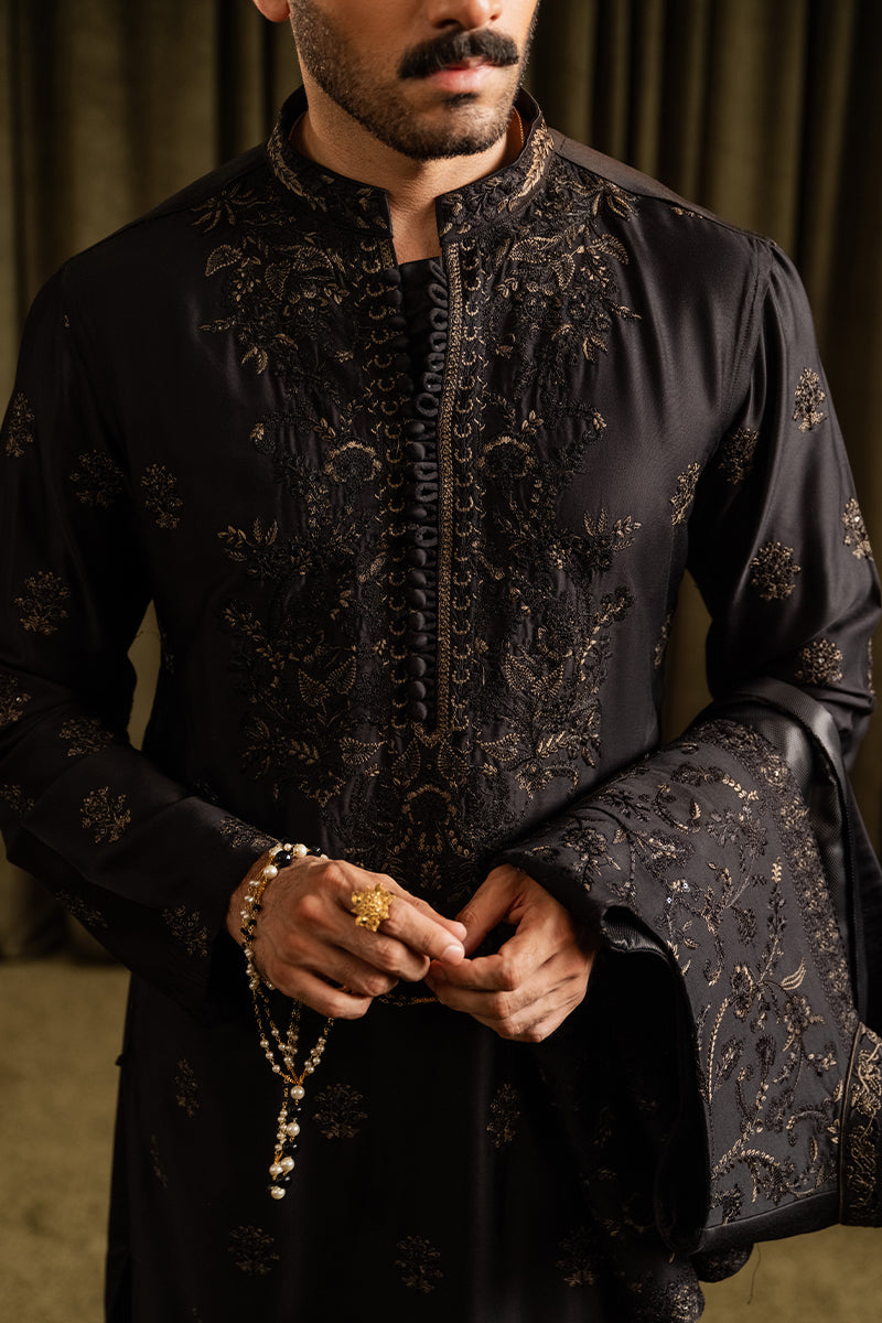Black Sequin Embroidered Cotton Silk Waistcoat Kurta (3-Piece) - Image 3