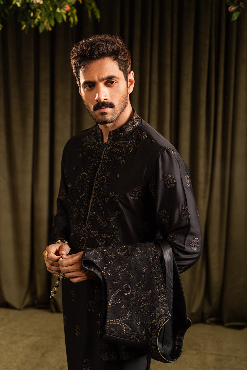Black Sequin Embroidered Cotton Silk Waistcoat Kurta (3-Piece) - Image 4
