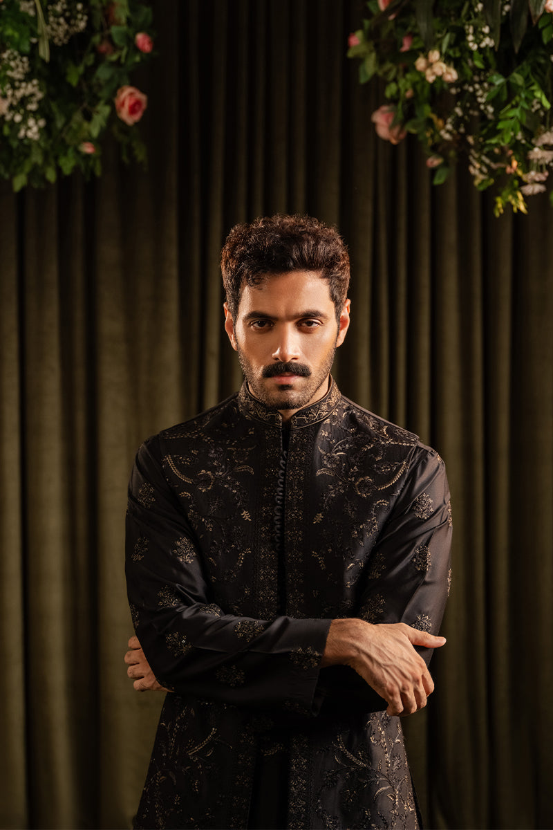 Black Sequin Embroidered Cotton Silk Waistcoat Kurta (3-Piece) - Image 5
