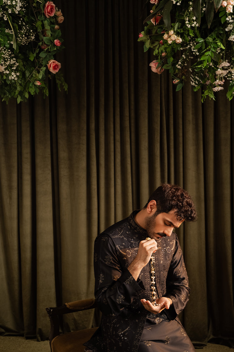 Black Sequin Embroidered Cotton Silk Waistcoat Kurta (3-Piece) - Image 6