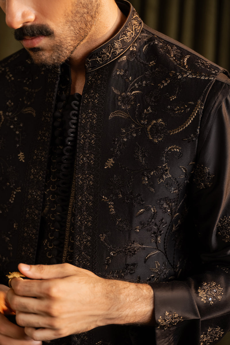 Black Embroidered Cotton Silk Waistcoat Kurta (3-Piece) - Image 1