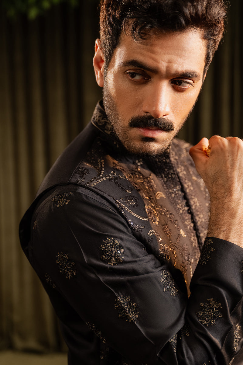Black Embroidered Cotton Silk Waistcoat Kurta (3-Piece) - Image 5