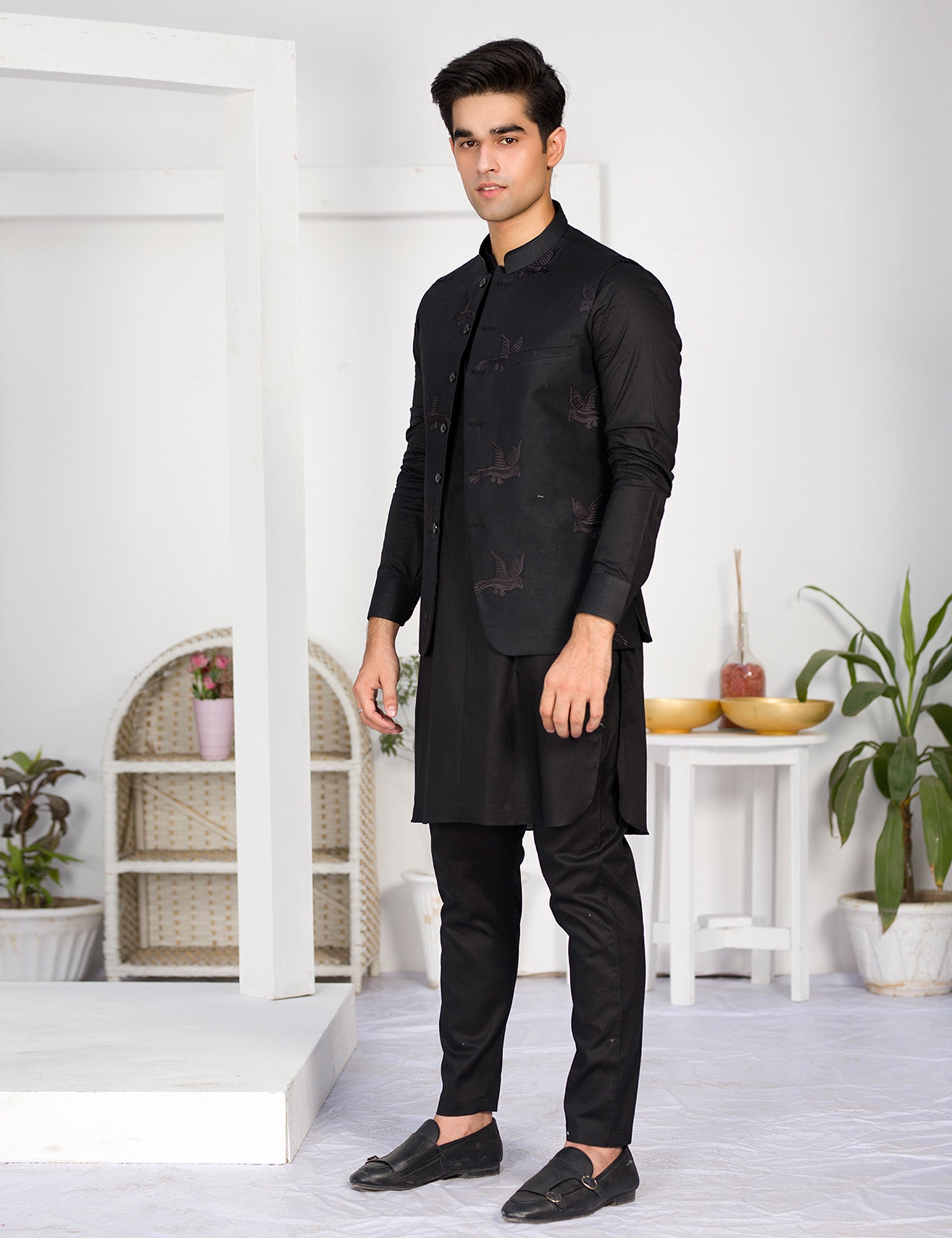 Black Embroidered Cotton Waistcoat Kurta Set (3-Piece) - Image 1