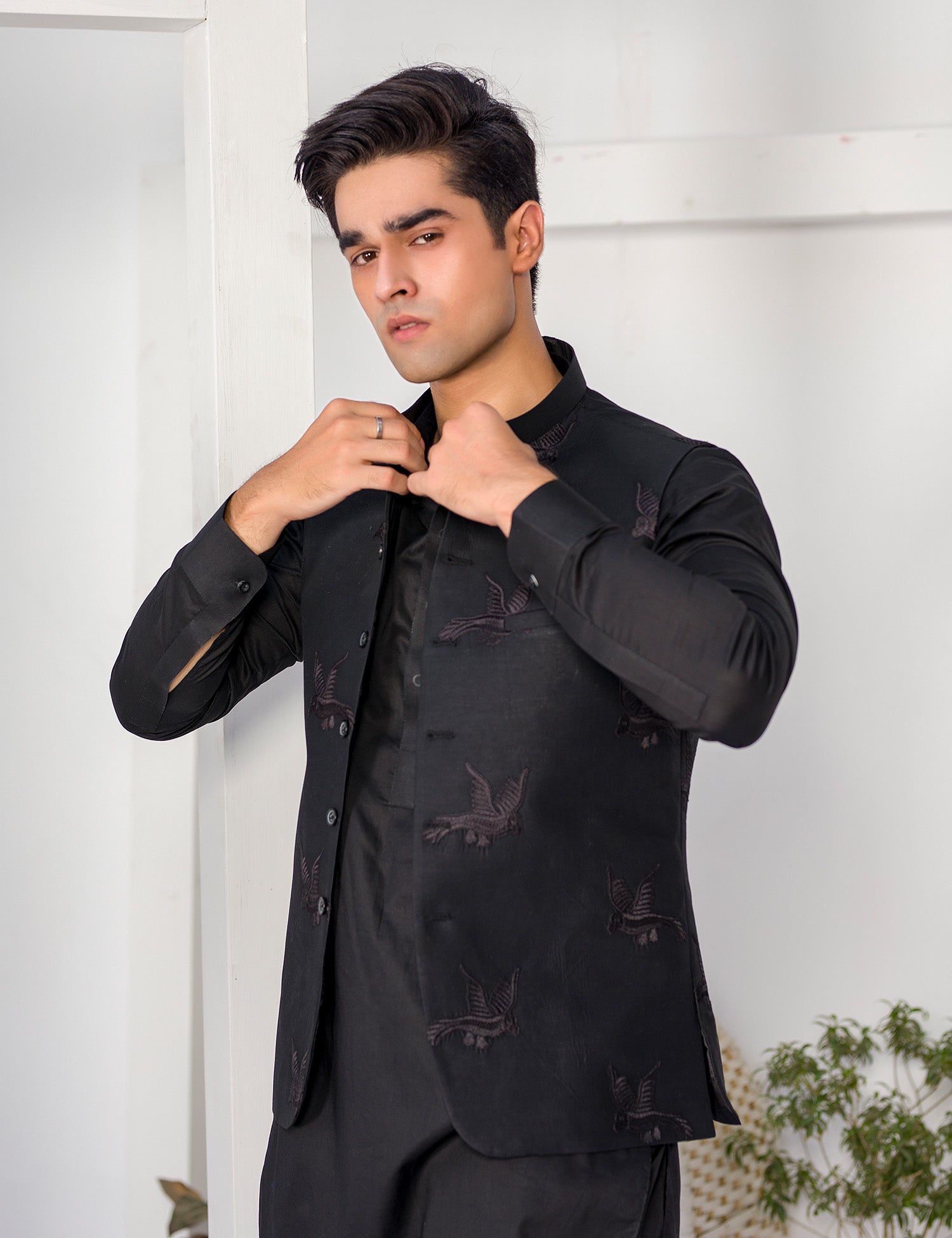 Black Embroidered Cotton Waistcoat Kurta Set (3-Piece) - Image 8