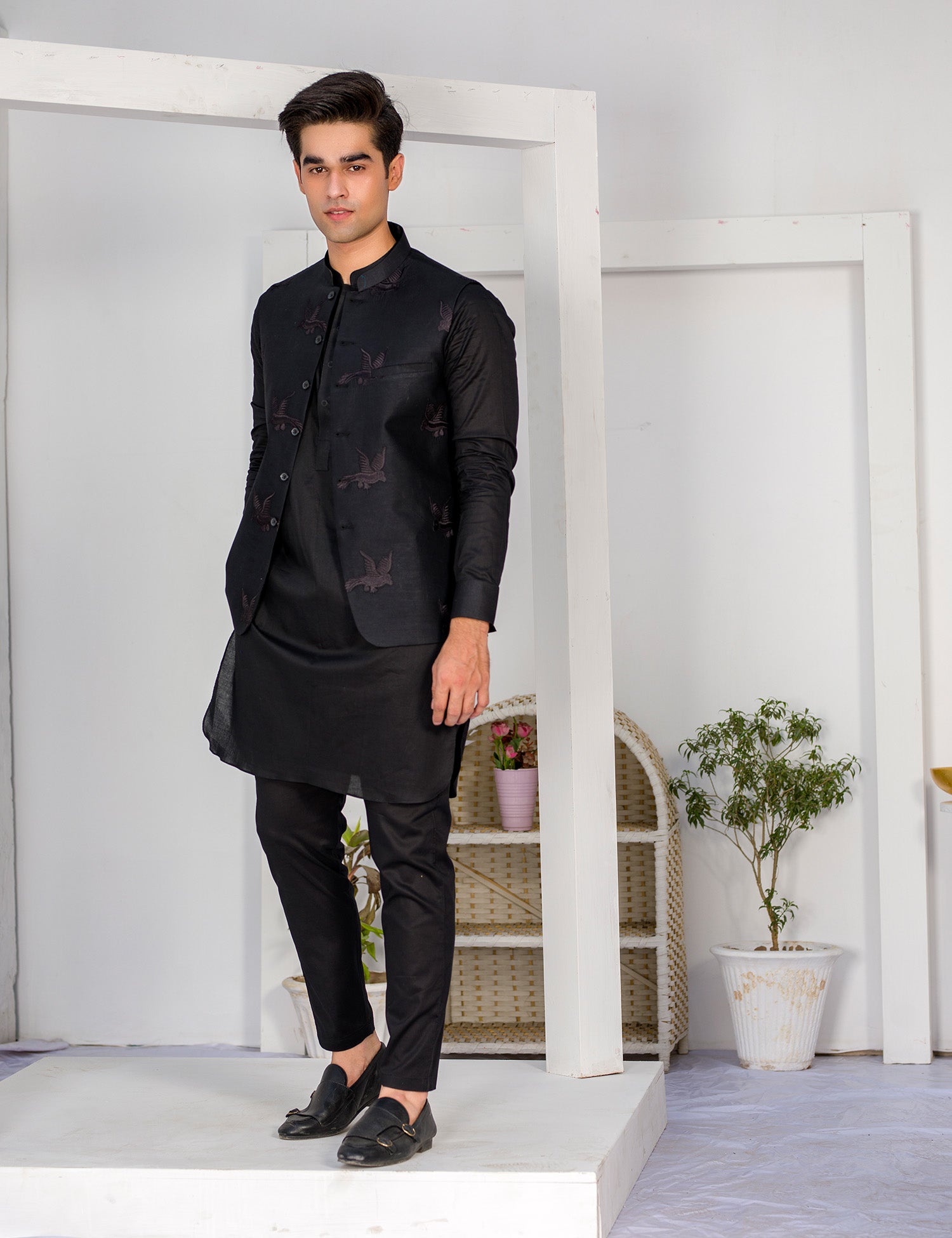 Black Embroidered Cotton Waistcoat Kurta Set (3-Piece) - Image 2