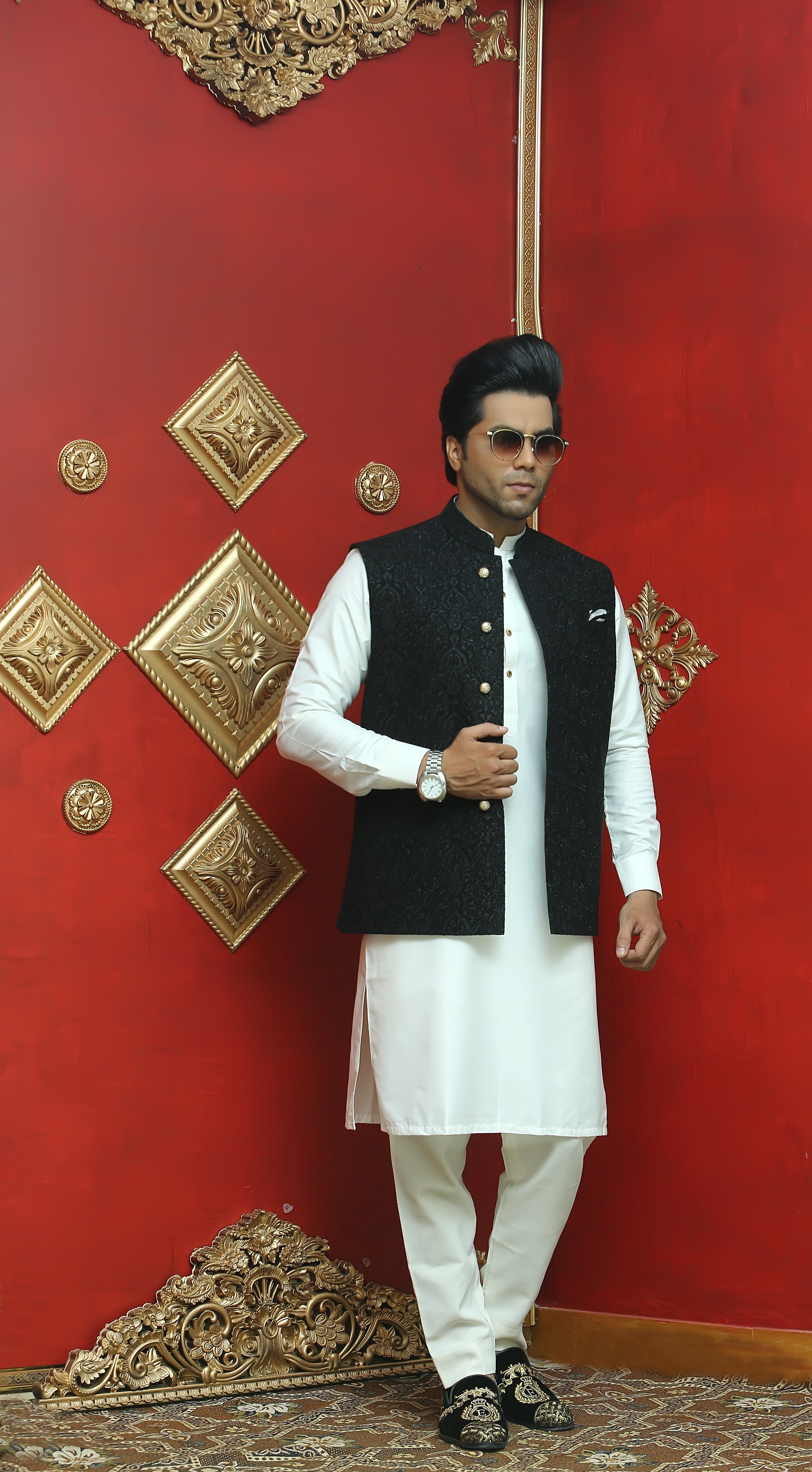 Black Jacquard Waistcoat Kurta Pajama (3-Piece) - Image 1