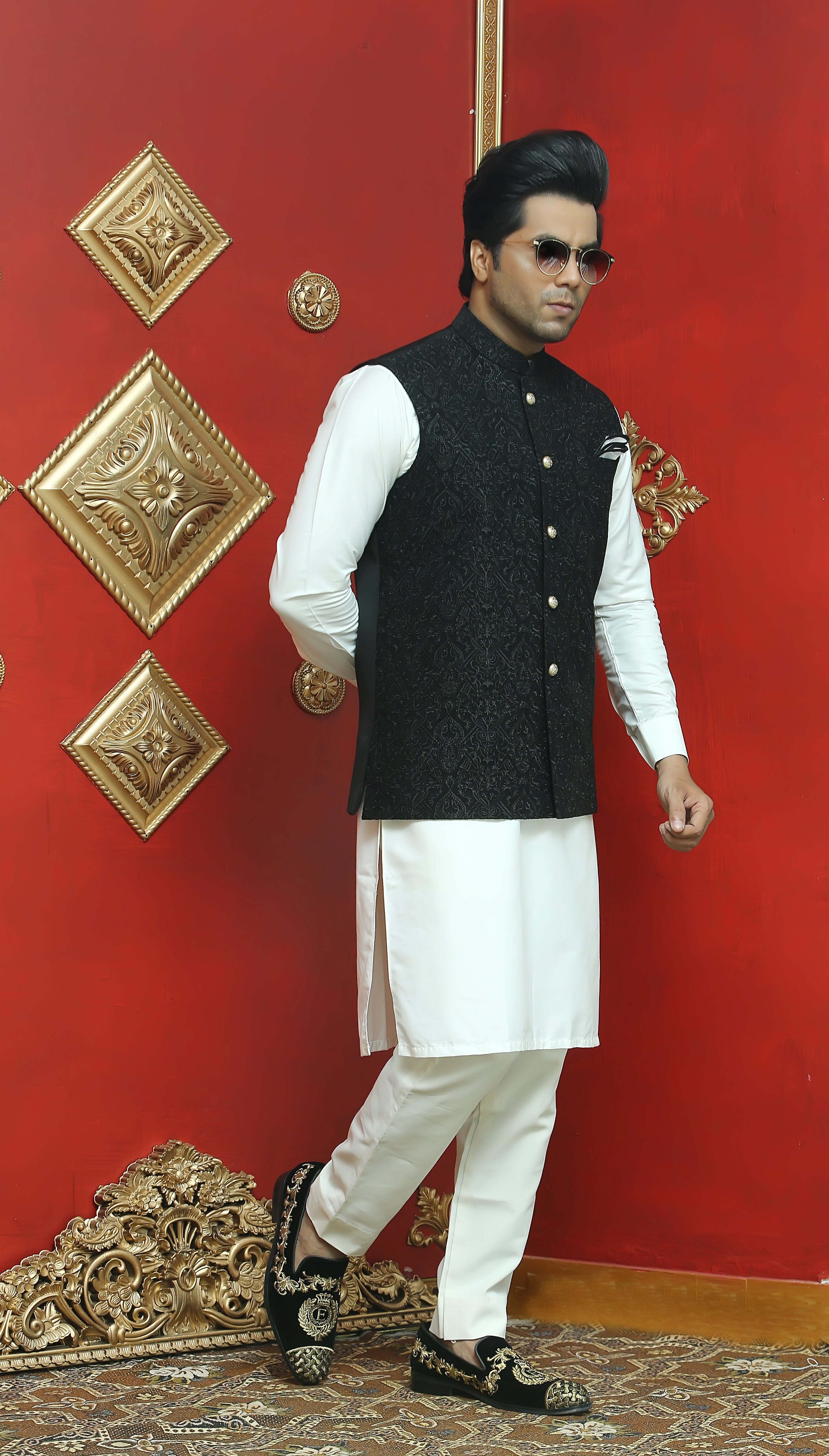 Black Jacquard Waistcoat Kurta Pajama (3-Piece) - Image 2