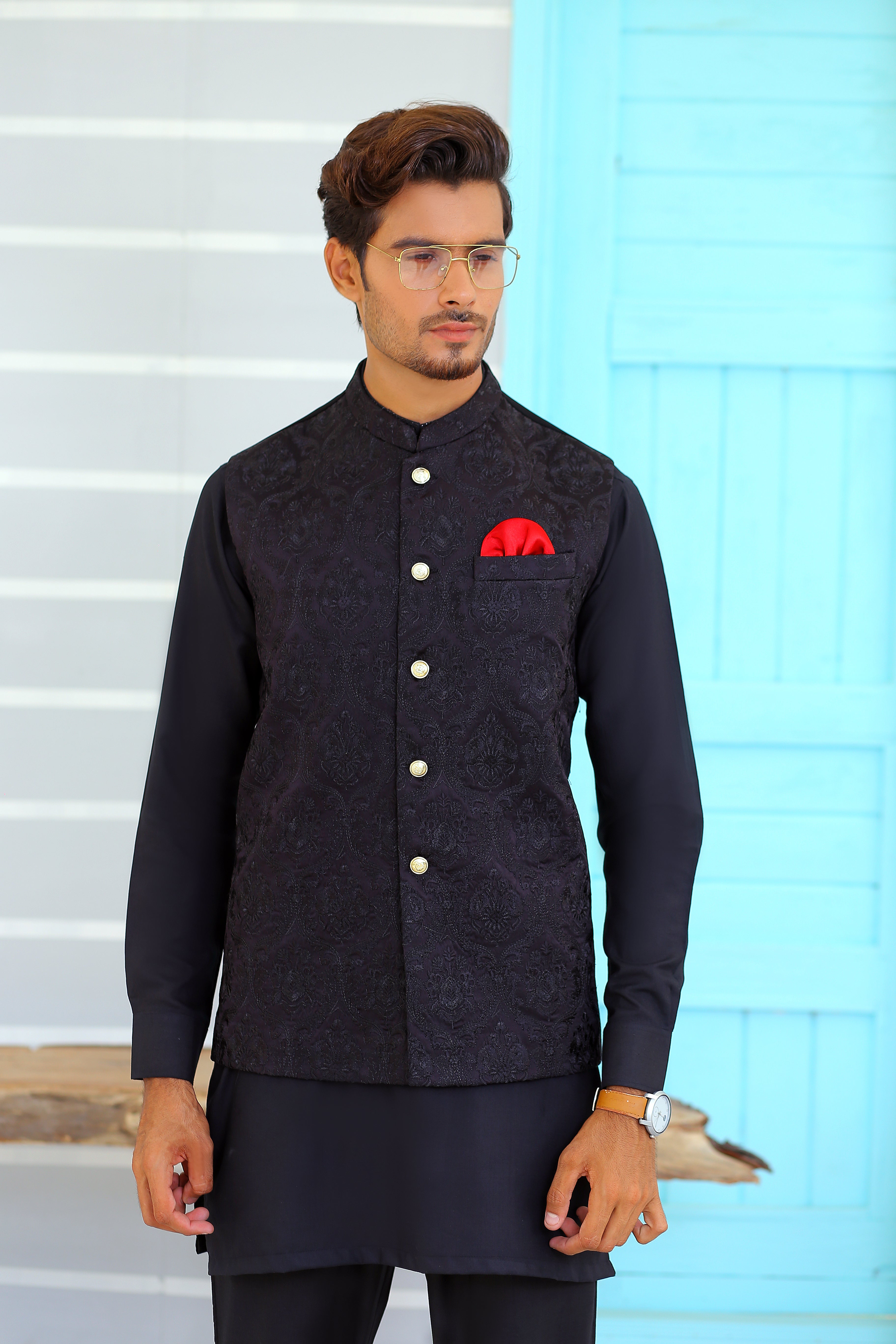 Black Jacquard Embroidered Waistcoat (3-Piece) - Image 1
