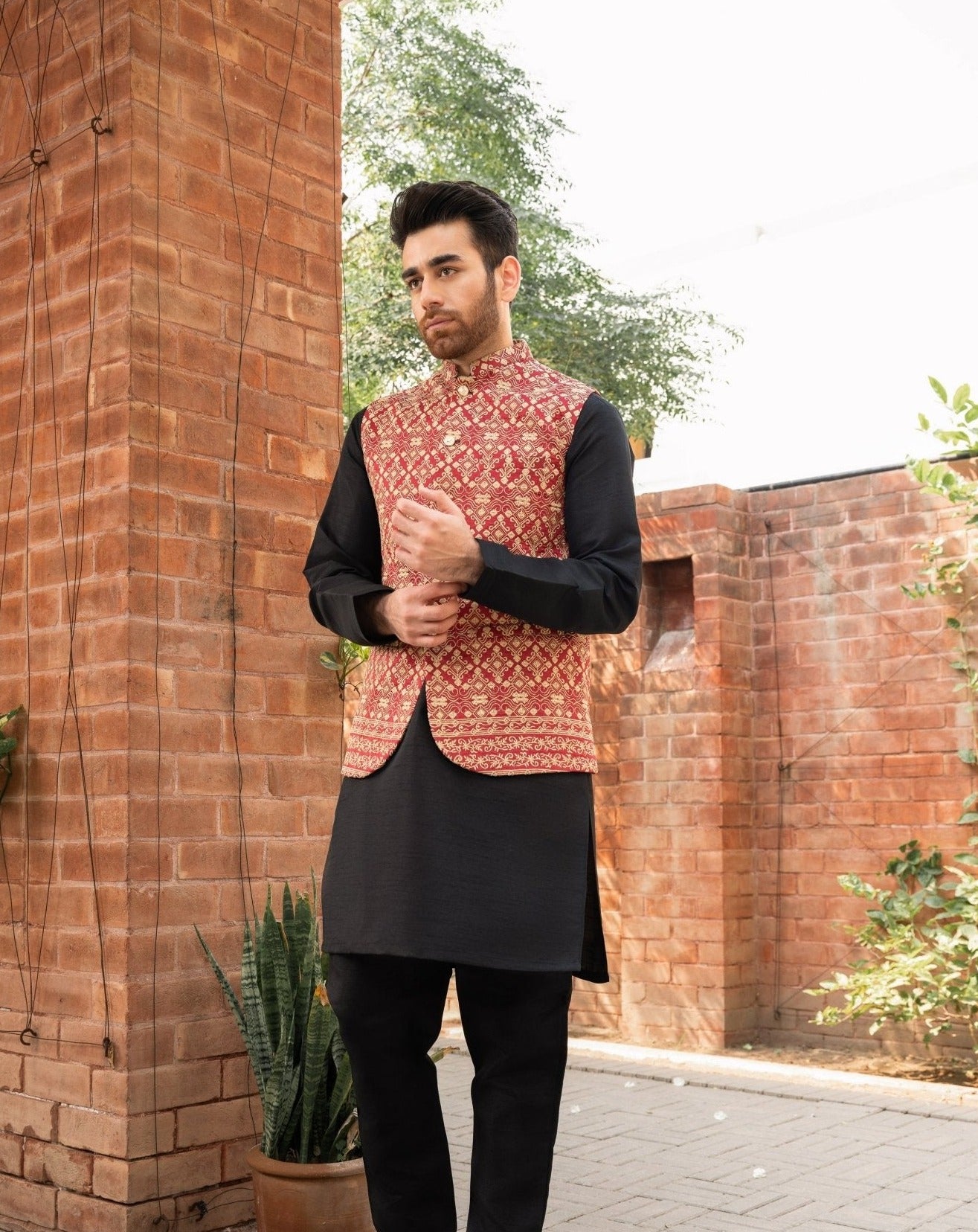 Black Gold Embroidered Raw Silk Kurta Trouser (3-Piece) - Image 1