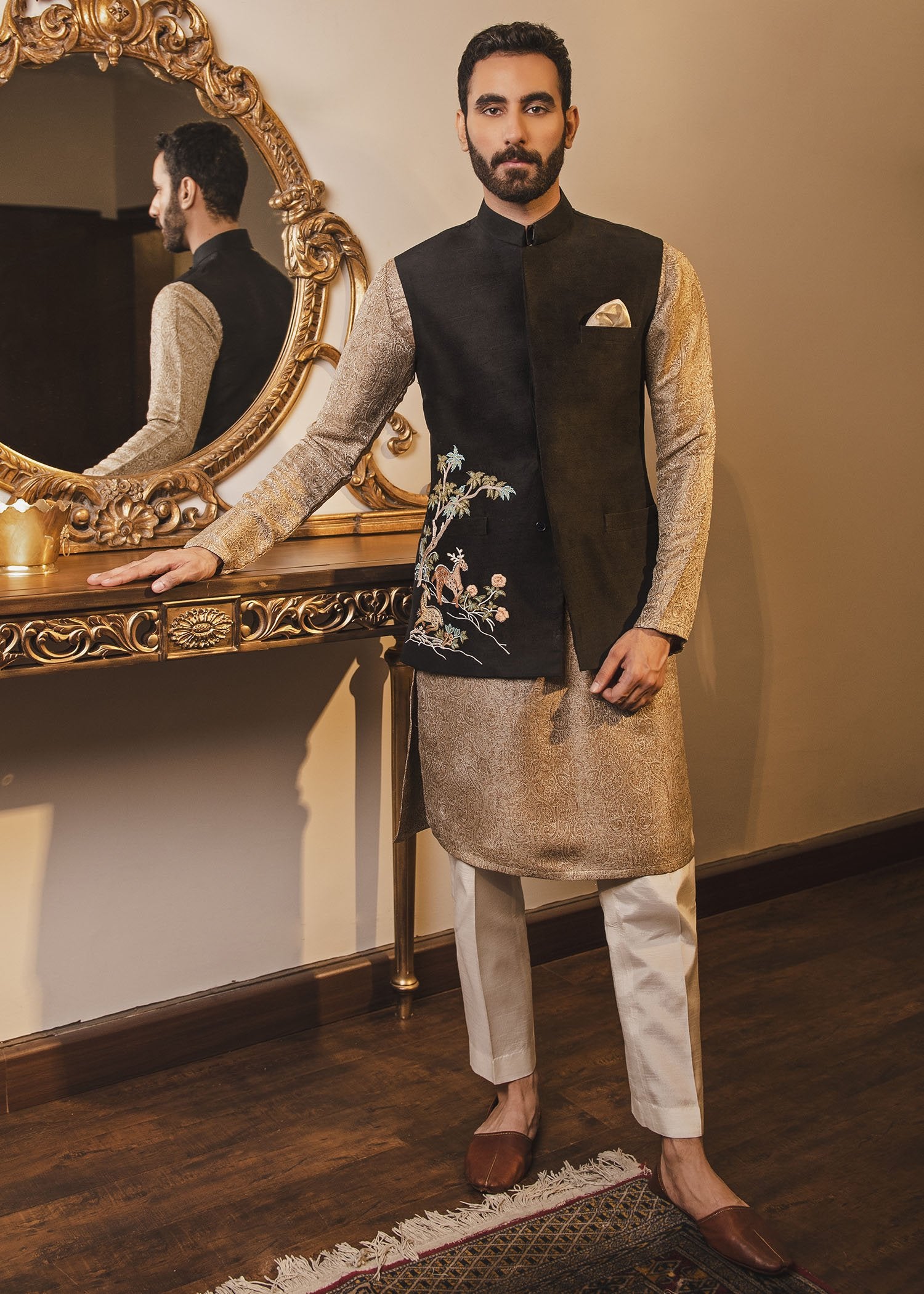 Black Embroidered Korean Rawsilk Waistcoat Kurta (3-Piece) - Image 2