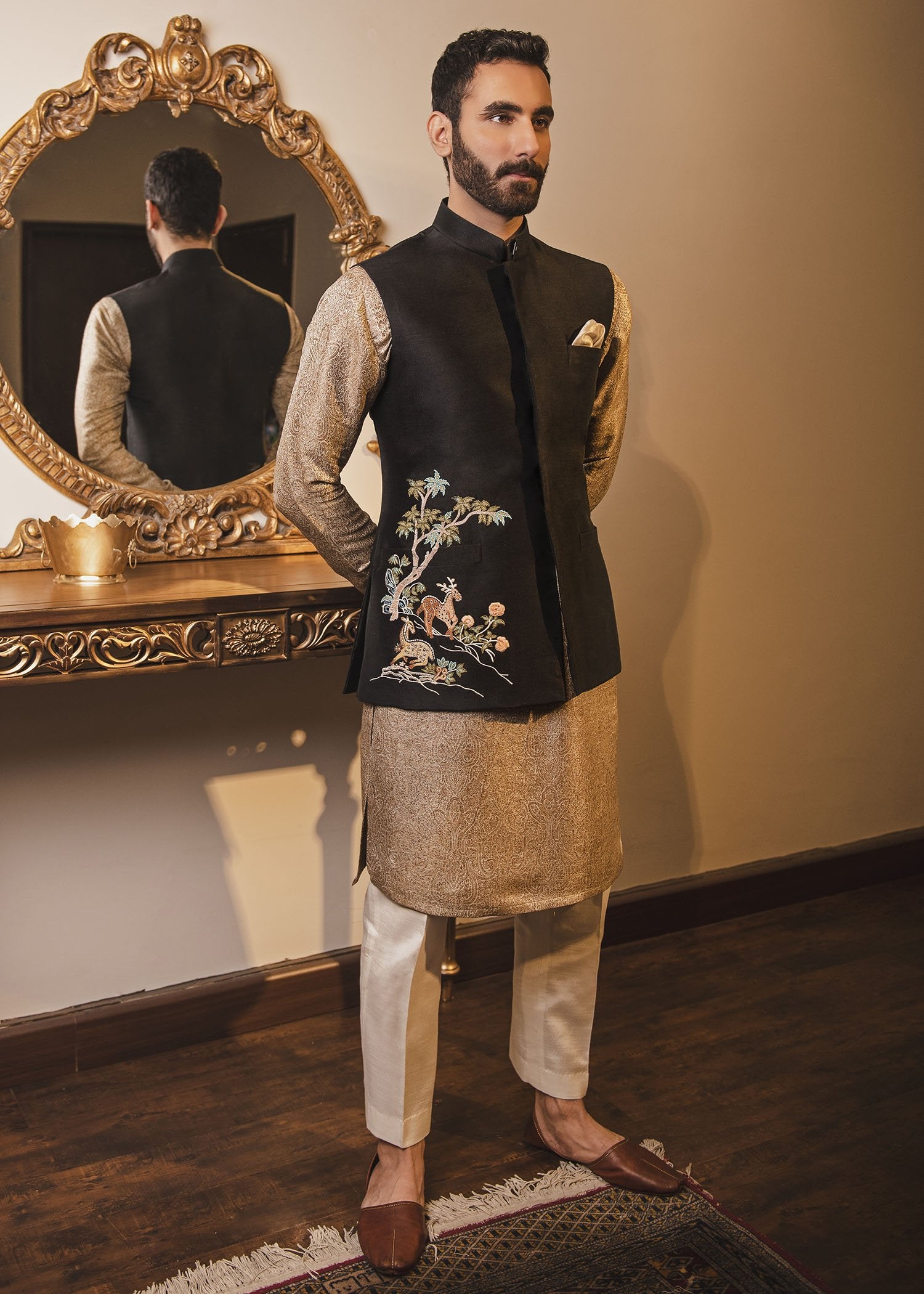 Black Embroidered Korean Rawsilk Waistcoat Kurta (3-Piece) - Image 3