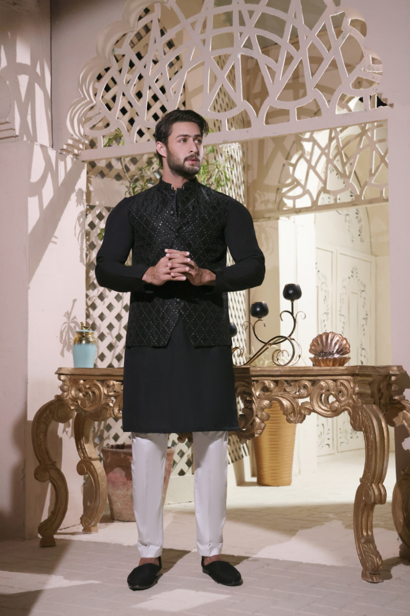 Black Embellished Nylon Waistcoat Kurta (3-Piece) - Image 1