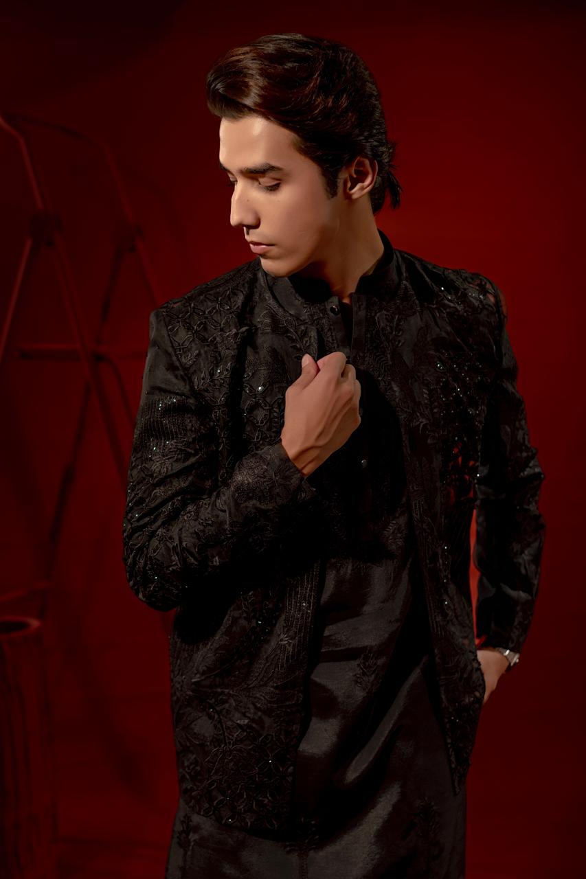 Black Embroidered Organza Jacket with Silk Kurta (3-Piece) - Image 5