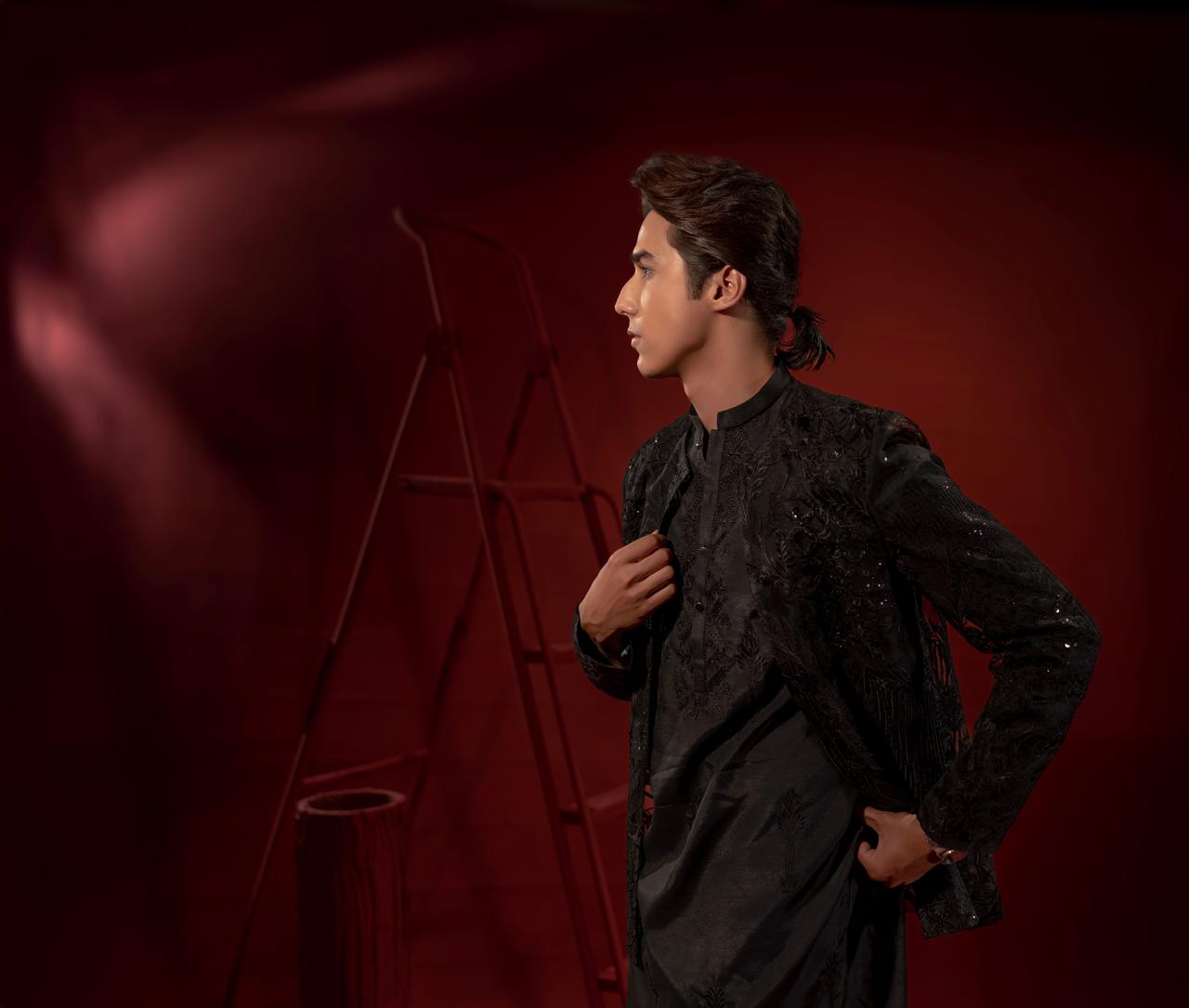 Black Embroidered Organza Jacket with Silk Kurta (3-Piece) - Image 6