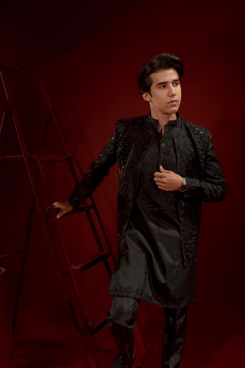 Black Embroidered Organza Jacket with Silk Kurta (3-Piece) - Image 2