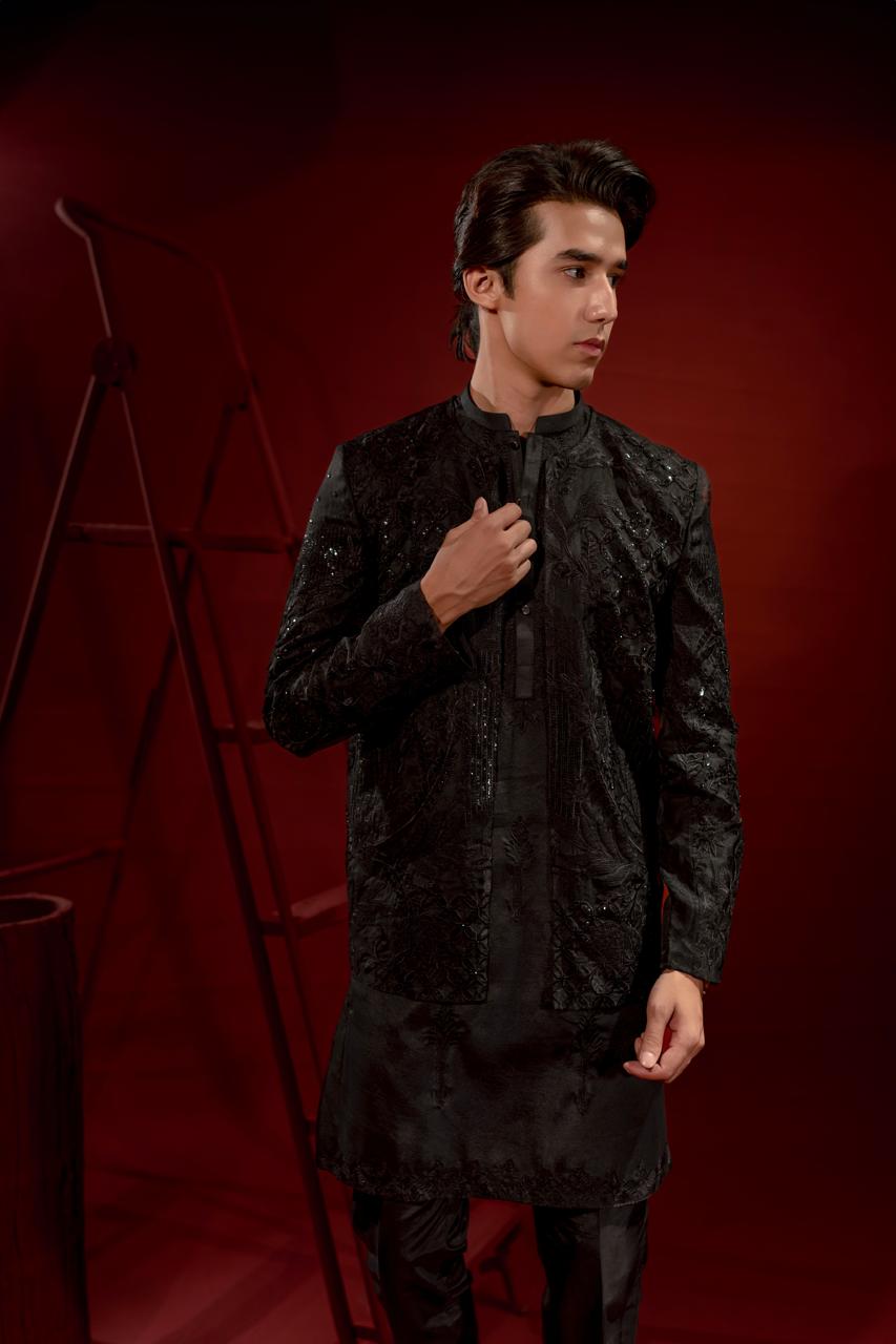 Black Embroidered Organza Jacket with Silk Kurta (3-Piece) - Image 3