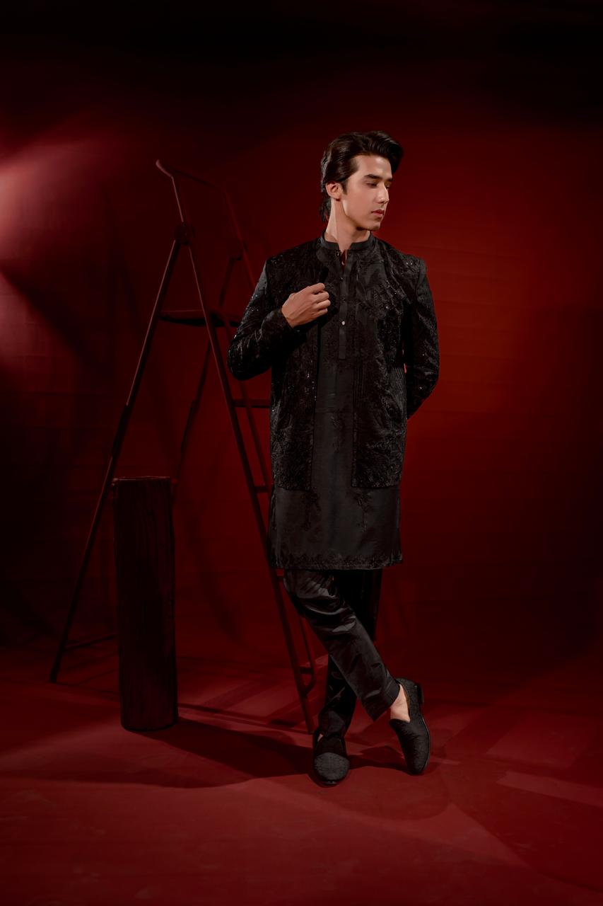 Black Embroidered Organza Jacket with Silk Kurta Pajama (3-Piece) - Image 1