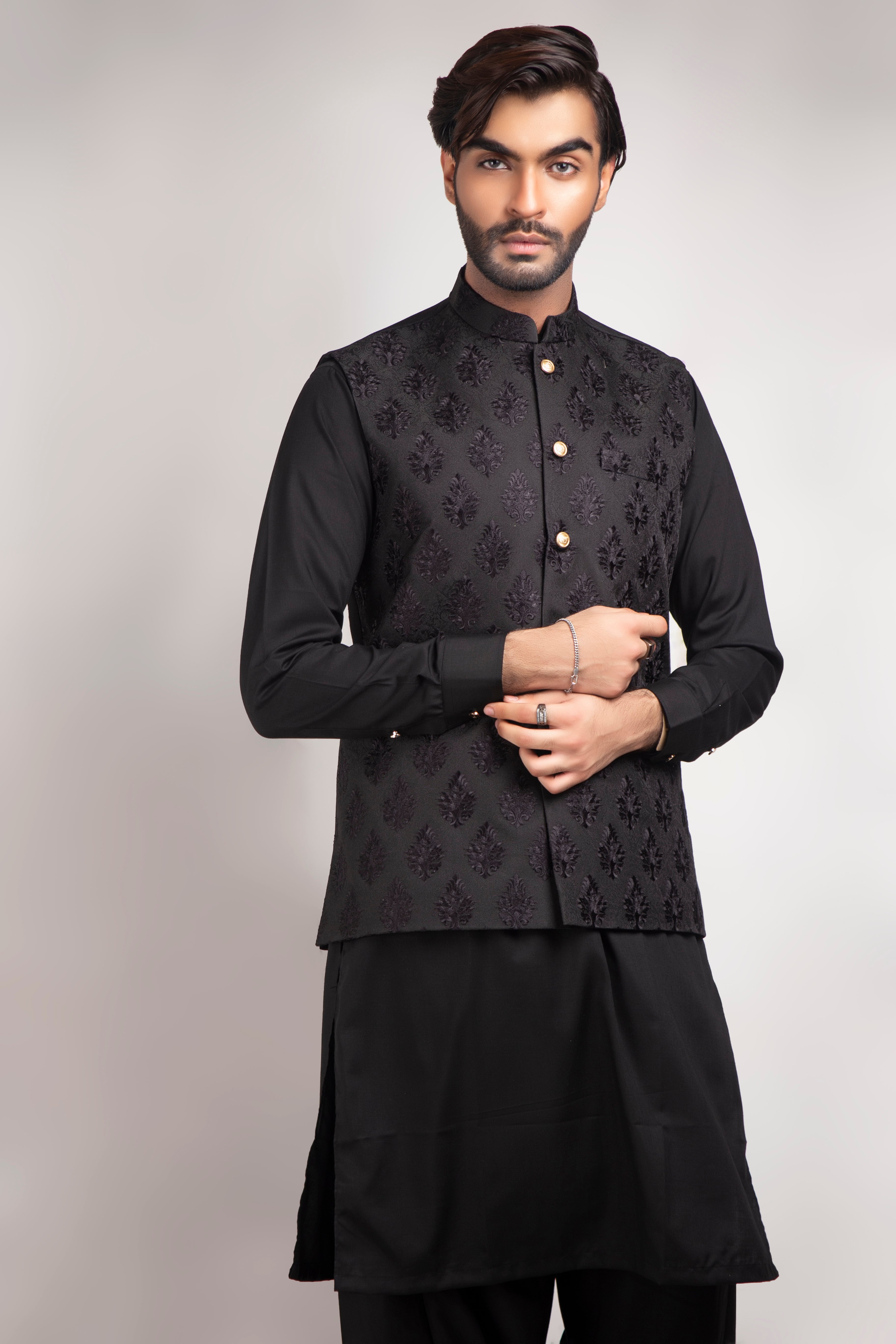 Black Self-Embroidered Waistcoat Kurta Set (3-Piece) - Image 1