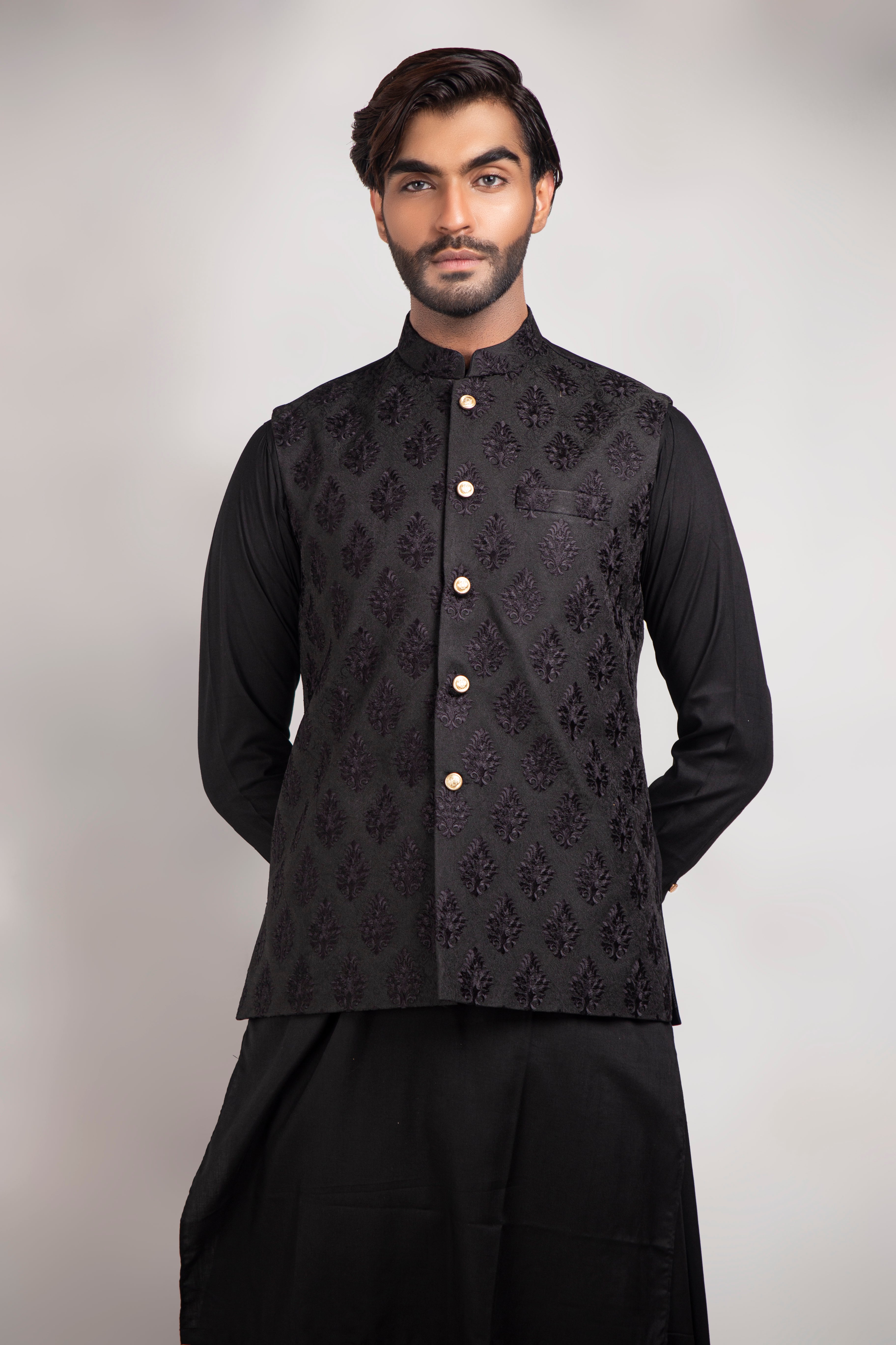 Black Self-Embroidered Waistcoat Kurta Set (3-Piece) - Image 2