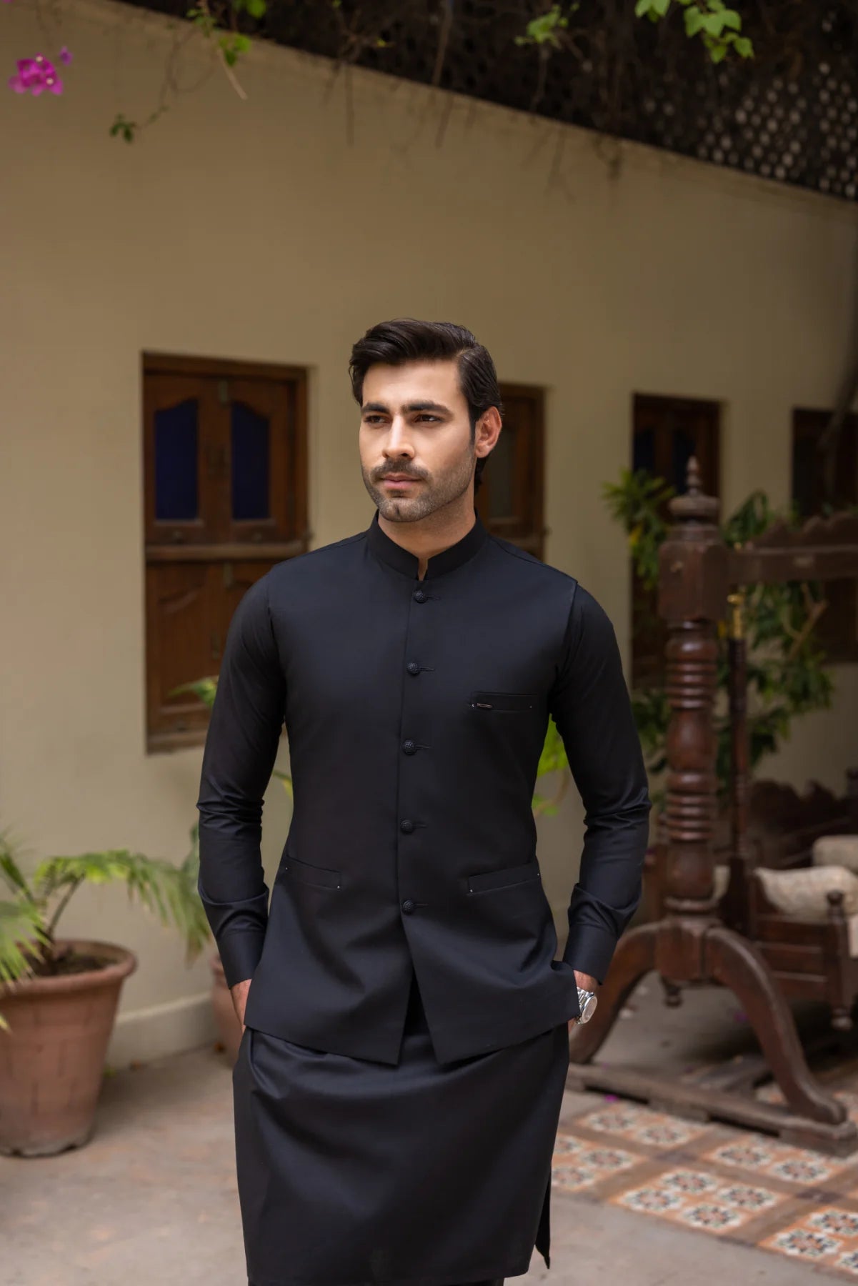 Black Solid Poly-Viscose Waistcoat Kurta (3-Piece) - Image 1