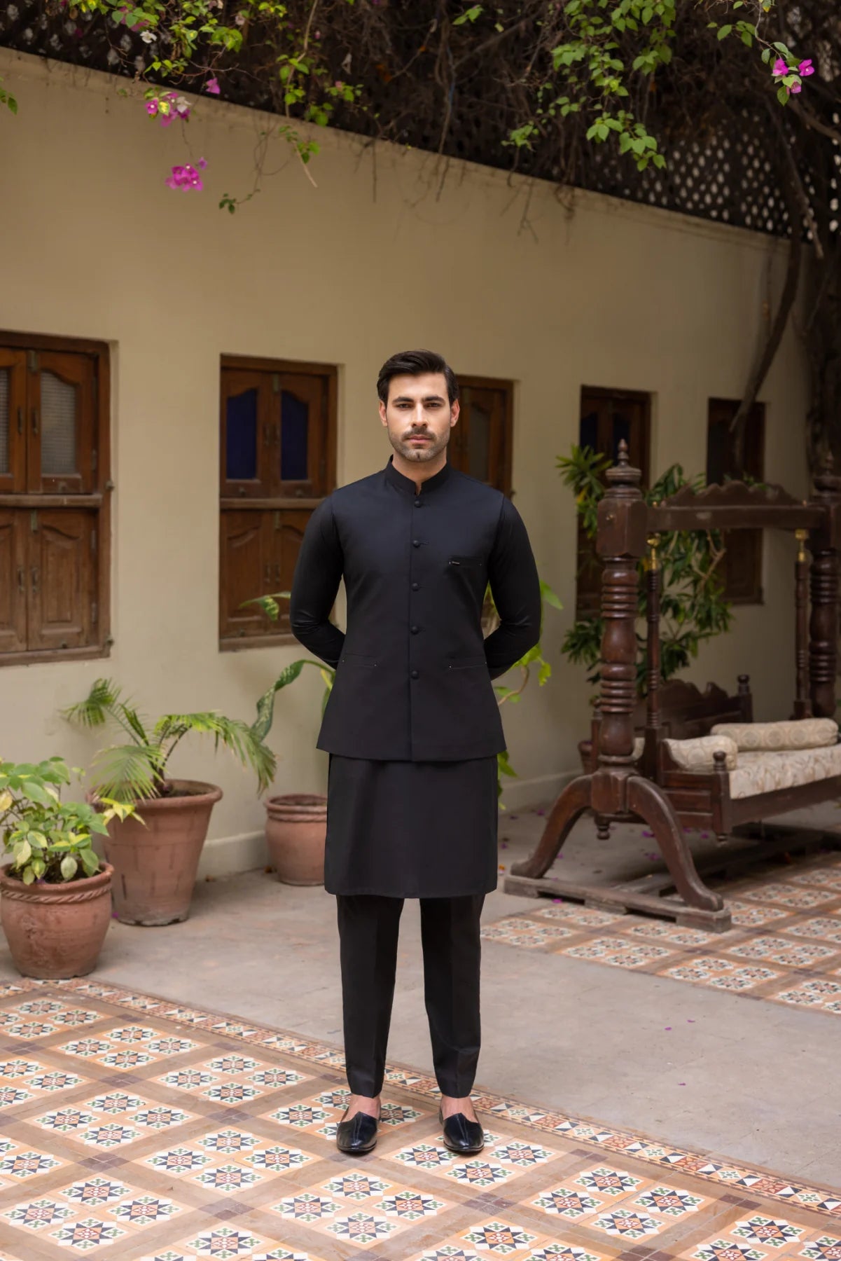 Black Solid Poly-Viscose Waistcoat Kurta (3-Piece) - Image 2