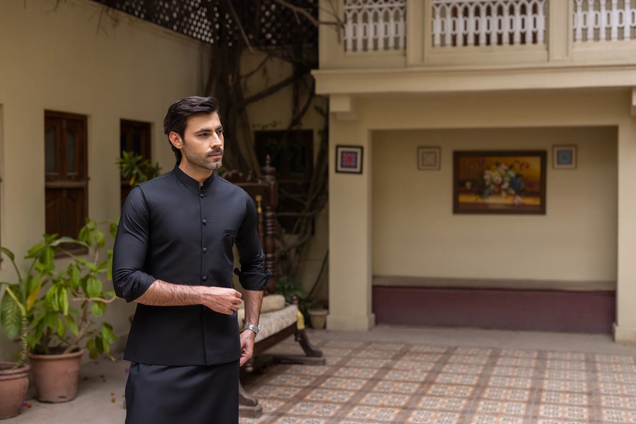 Black Solid Poly-Viscose Waistcoat Kurta (3-Piece) - Image 3