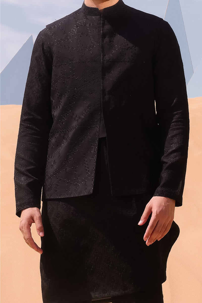 Black Chikankari Embroidered Raw Silk Waistcoat (3-Piece) - Image 2