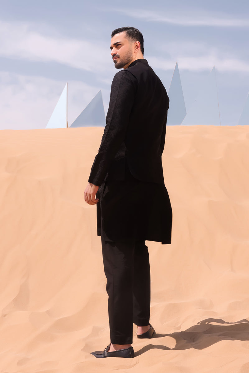 Black Chikankari Embroidered Raw Silk Waistcoat (3-Piece) - Image 4