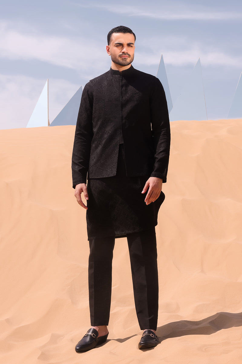 Black Chikankari Embroidered Raw Silk Waistcoat (3-Piece) - Image 5