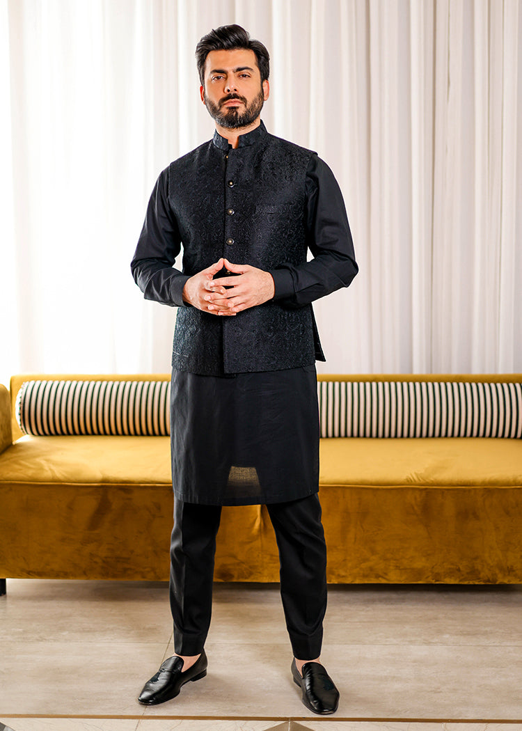 Black Embroidered Raw Silk Waistcoat Kurta (3-Piece) - Image 1